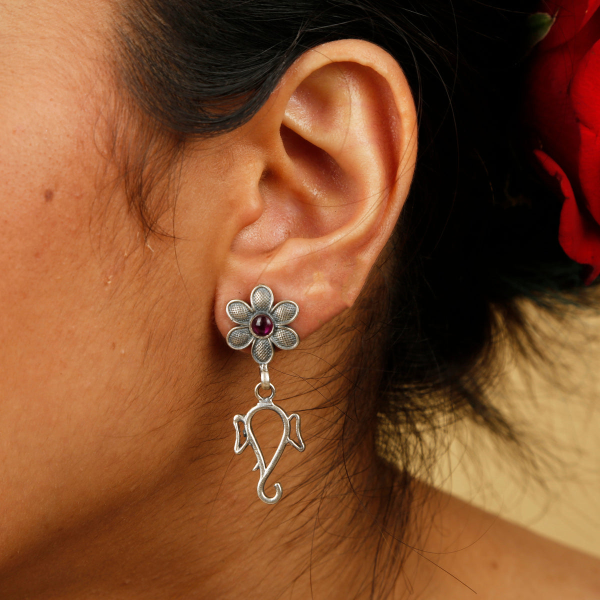 Ganesha Drop Flower Earrings