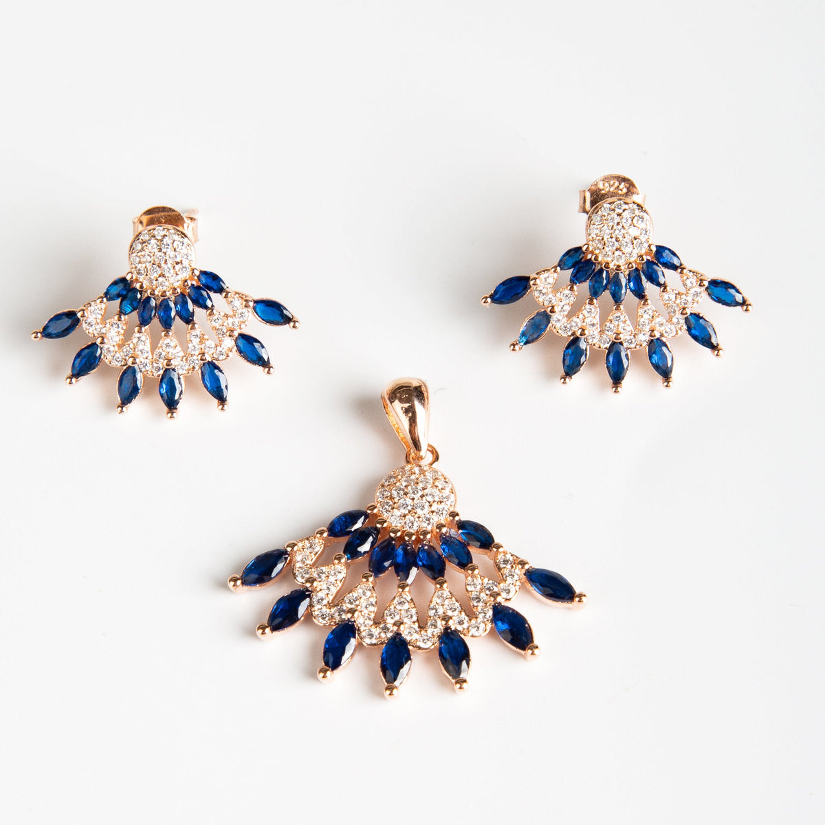 Peacock Feather Rosegold Pendant Set with Earrings