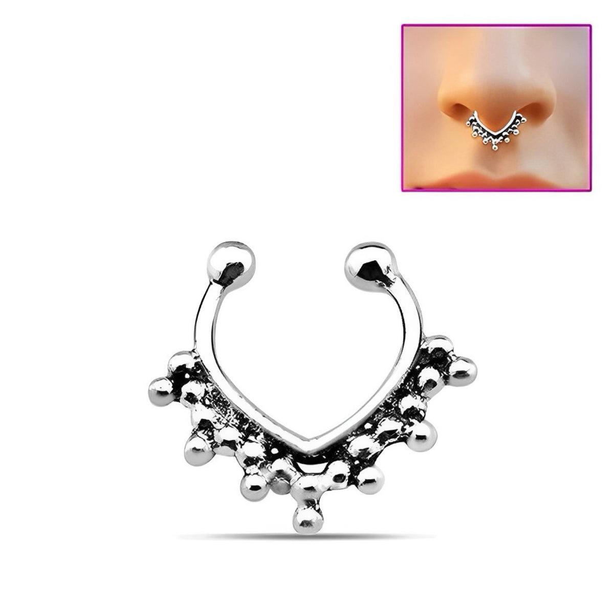 Silver Oxidised Beaded Septum Nose Ring