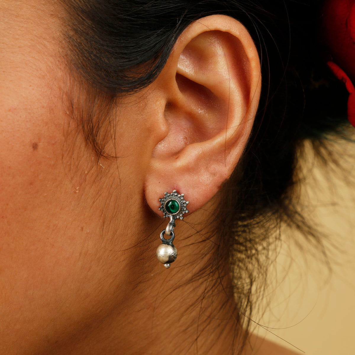 Silver Ball Drop Emerald Stud Earrings