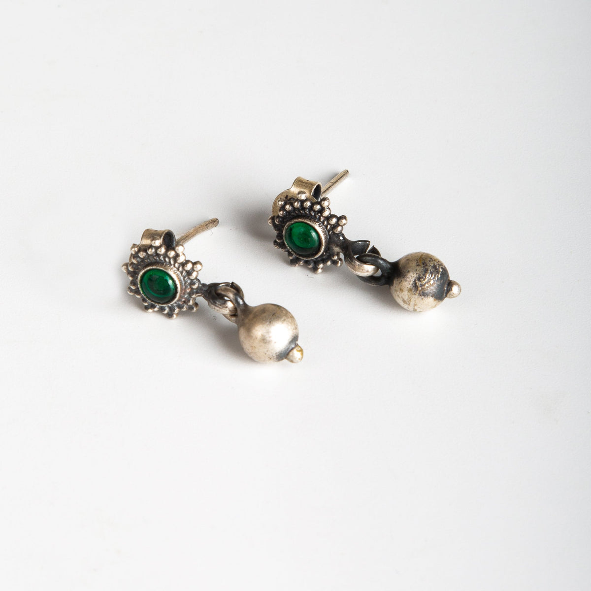 Silver Ball Drop Emerald Stud Earrings