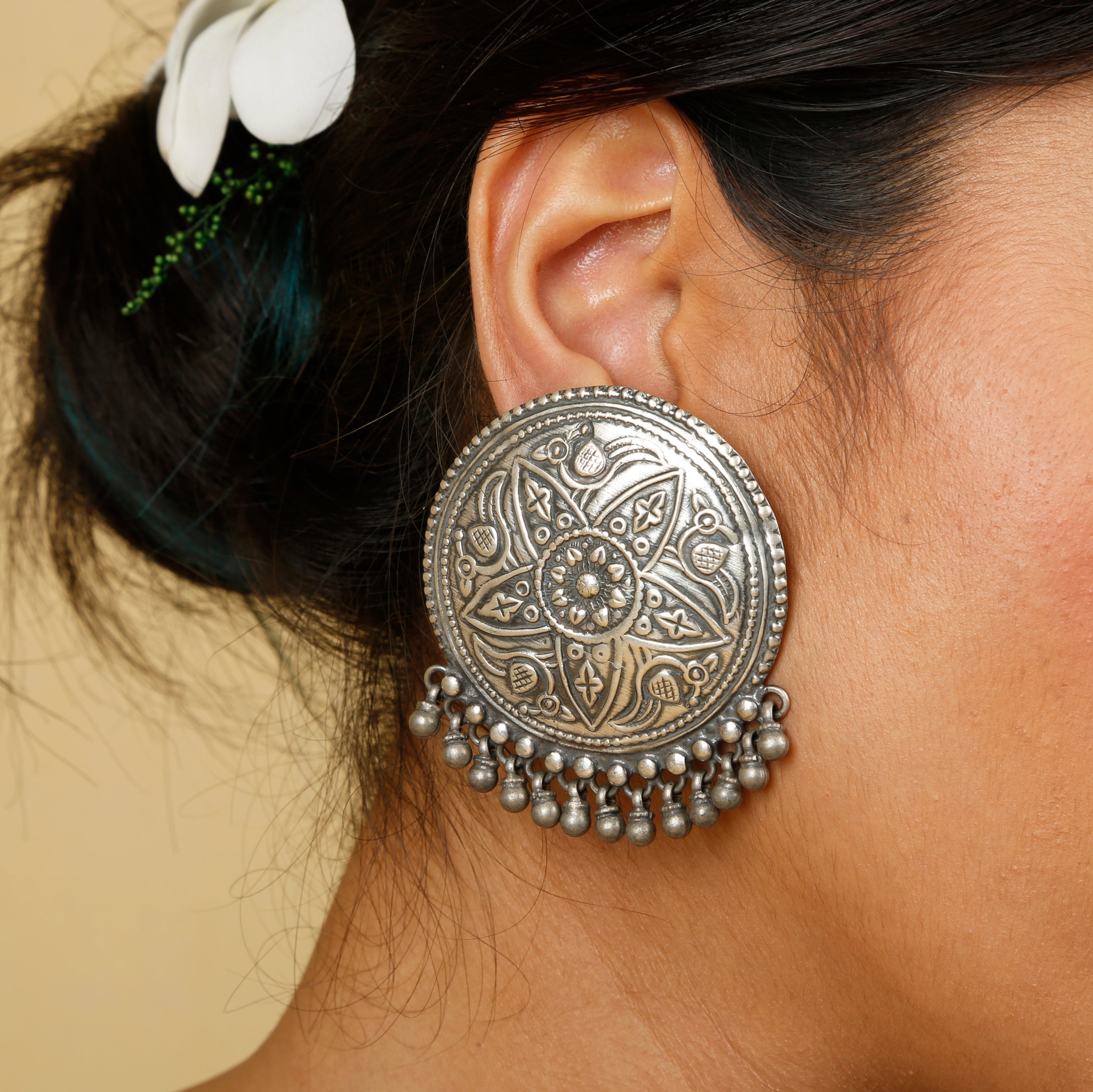 Silver Shield with Ghungroo Stud Earrings