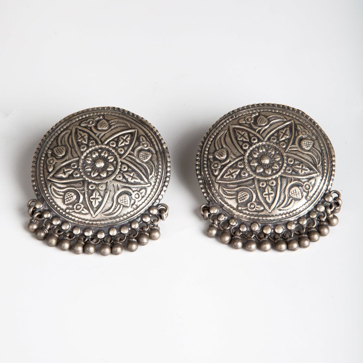 Silver Shield with Ghungroo Stud Earrings