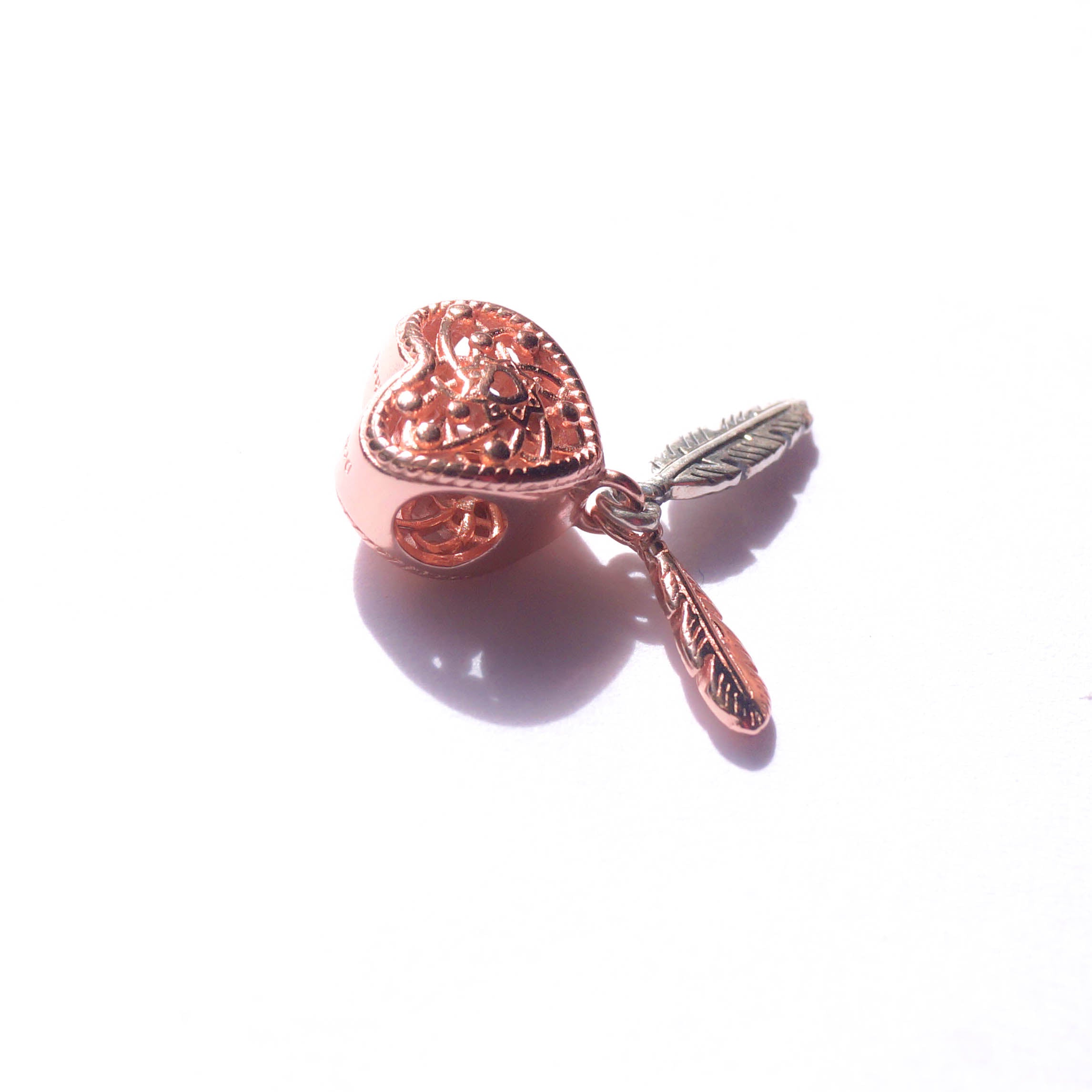 Rose Gold Heart & Feather Charm