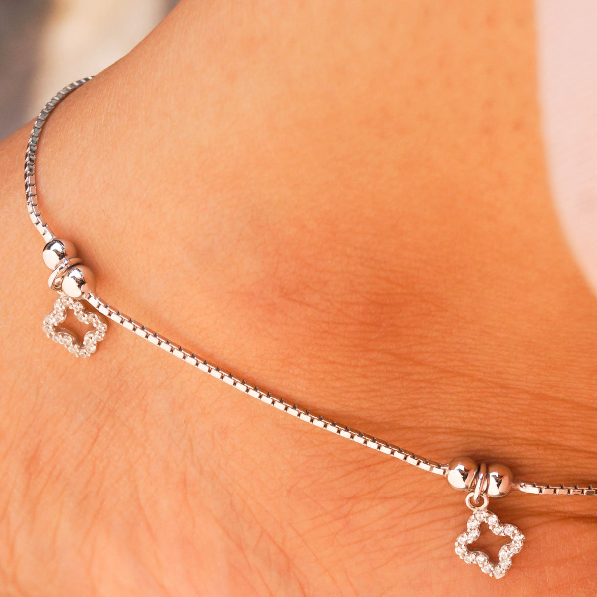 Cz Hollow Flower & Beads Anklet (Single/Pair)