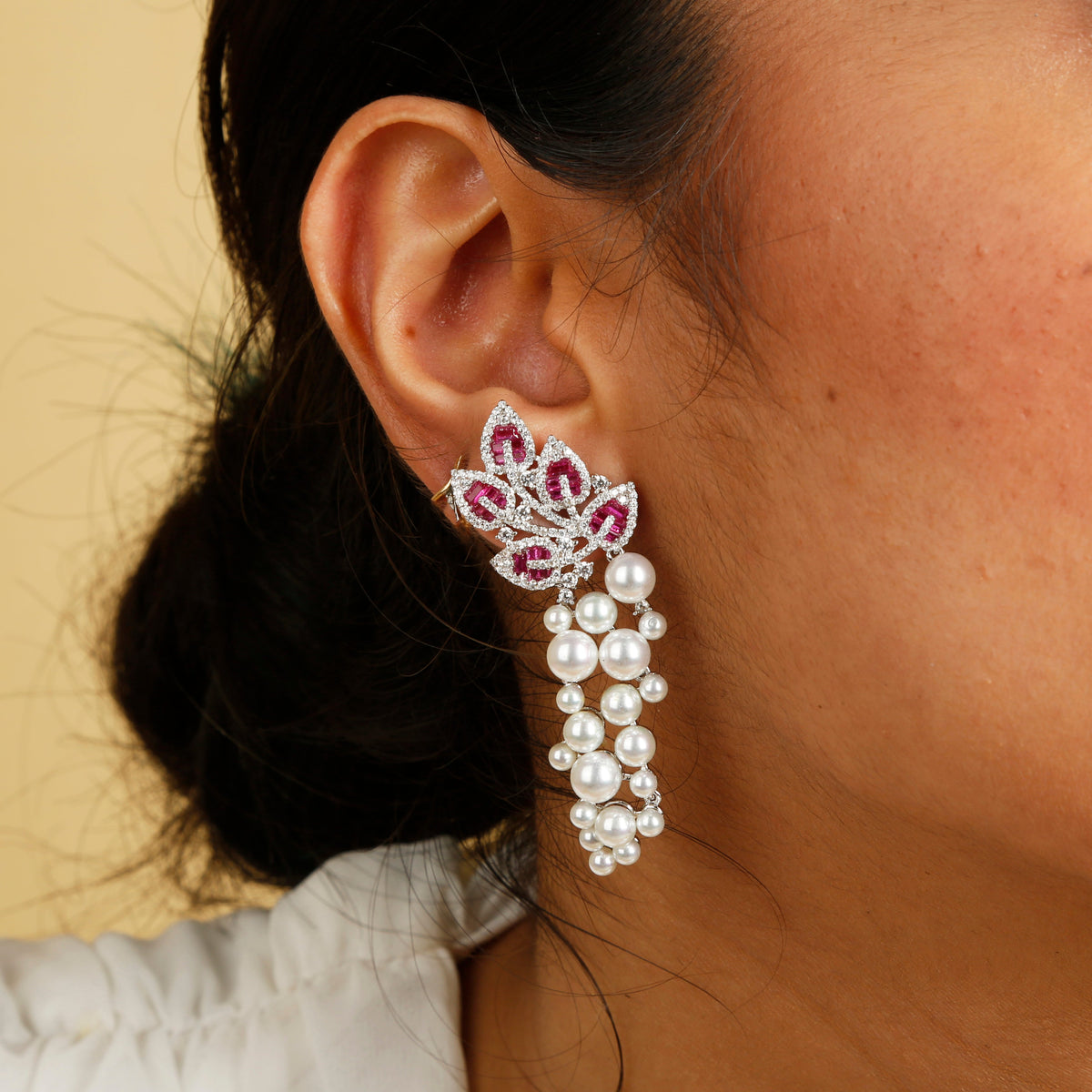 Leafy Pearly Cluster Glam Earrings