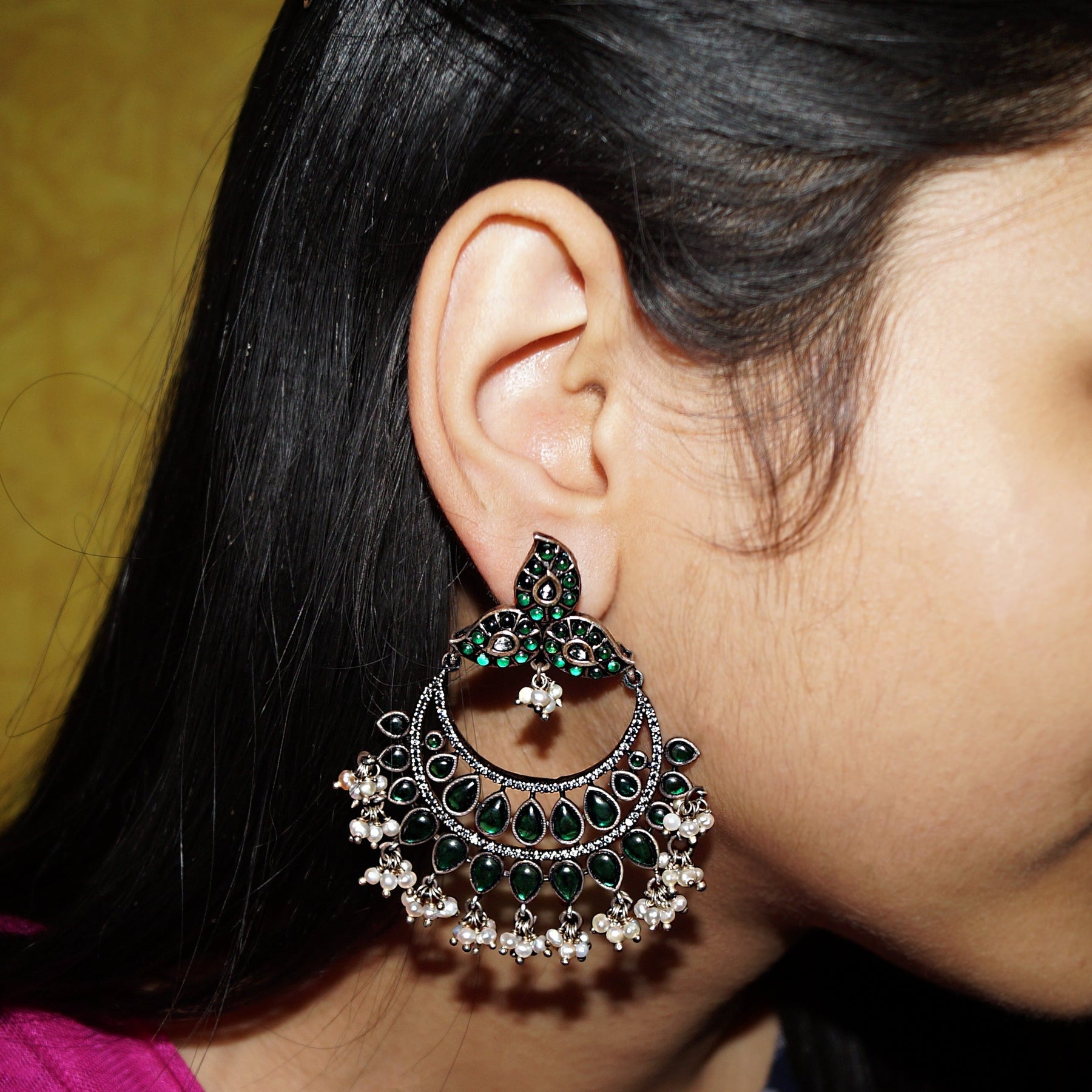The Emerald Sparkeling Chandbala with Pearl Drops